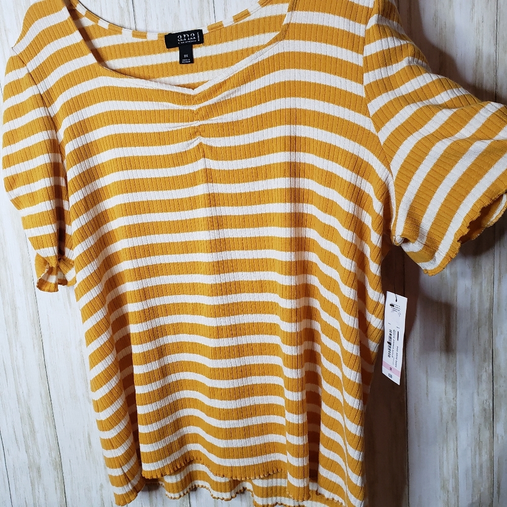 a.n.a Top Women's Short Sleeve Yellow White Stripes Ribbed Knit Plus Size 2X NWT